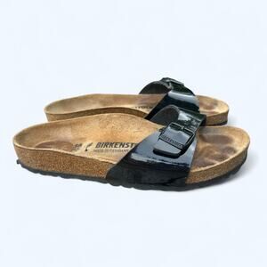 Women's Birkenstock Madrid Black Patent Leather Slide Sandals size 38 Narrow